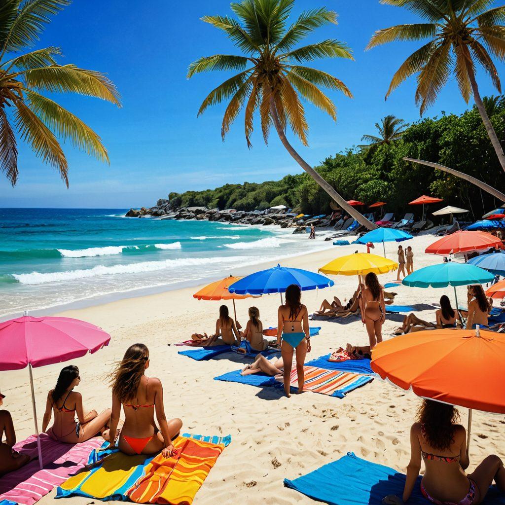 A sunny beach scene featuring diverse models showcasing the latest bikini trends, with colorful towels, umbrellas, and beach accessories in the background. Add splashes of waves contrasted against the vibrant shades of the bikinis, highlighting tropical elements like palm trees and seashells. Capture the joyful essence of summer vacation. vibrant colors. super-realistic.