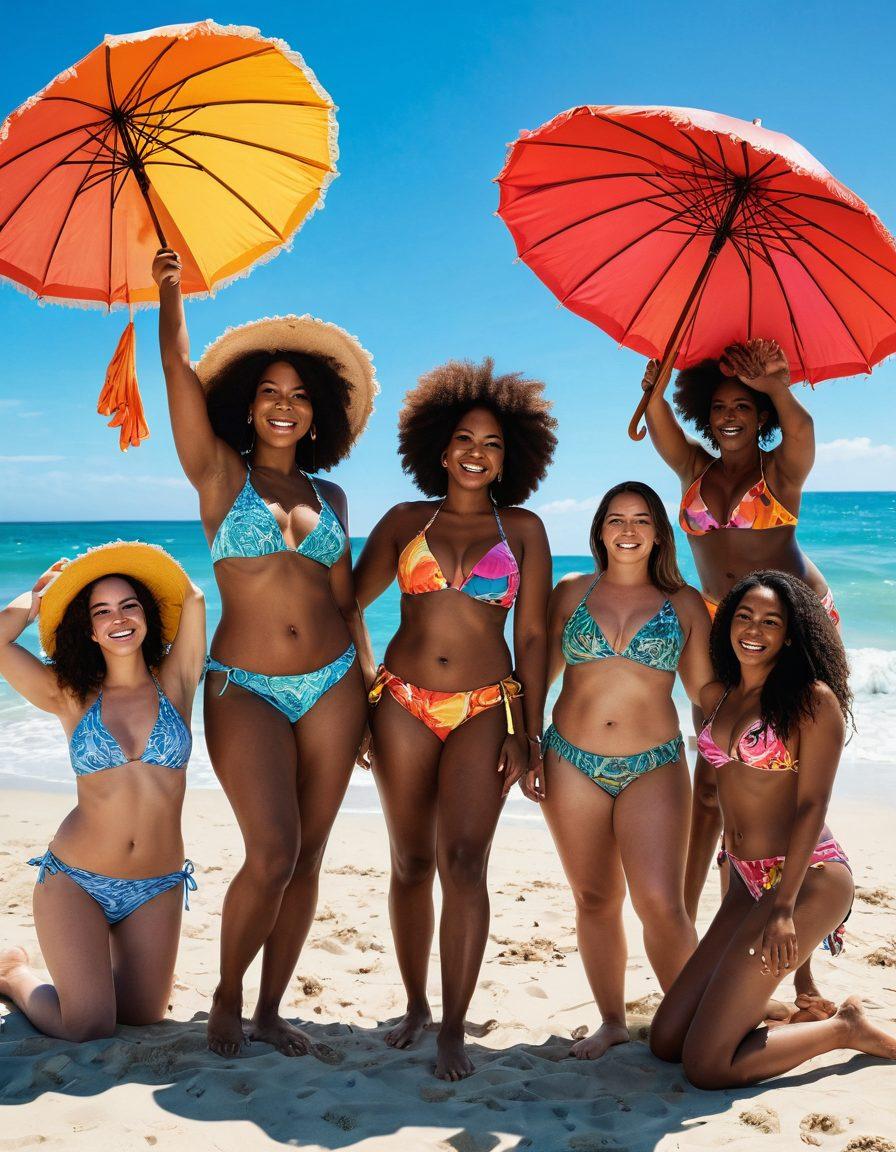 A diverse group of women of various body shapes and sizes happily wearing trendy bikinis on a sunny beach, enjoying the waves and laughter. The scene captures vibrant beach umbrellas, colorful towels, and a crystal-clear ocean backdrop. Each woman's bikini showcases unique styles and patterns that celebrate individuality and confidence. The atmosphere is joyful, embodying empowerment and self-love. bright colors. tropical beach setting. super-realistic.